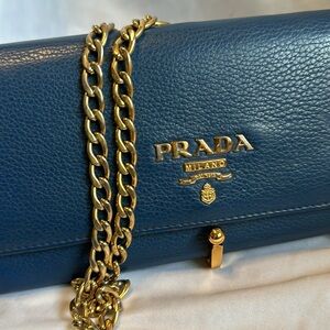Prada Blue Vitello Daino Chain Wallet: Pre-loved.